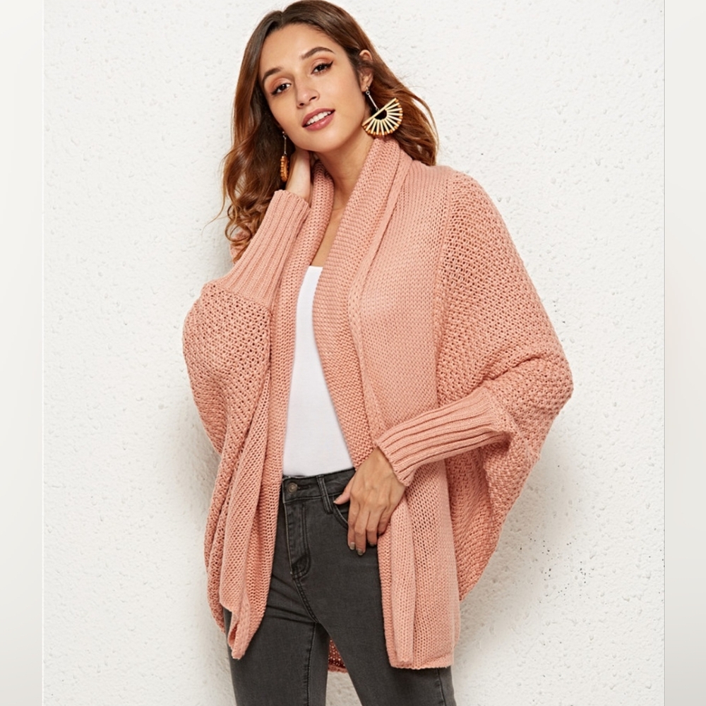 Oversized Knit Cardigan Batwing Sleeve Lightweight Baggy Open Front Sweater Top